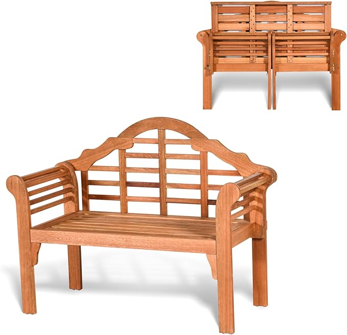 COSTWAY Folding Wooden Bench Outdoor, Crown-Like High Backrest, Patio Eucalyptus Wood Bench for Garden, Park & Porch