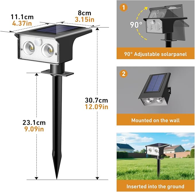 btfarm Solar Spot Lights Outdoor Waterproof, 2 Pack/3 Modes Motion Sensor Lights, Solar Powered Spotlights 2-in-1 Auto On/Off for Outside Pathway Yard Garden Lighting, Cool White
