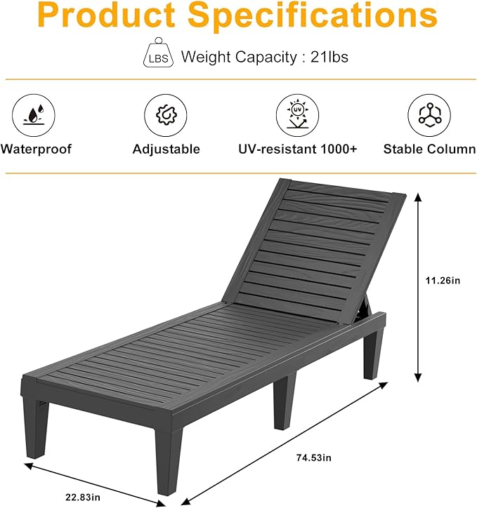 ROJIK Outdoor Chaise Lounge Chair with 5-Position Adjustable Backrest,Waterproof & Lightweight | Durable Indoor/Outdoor Patio Lounger Chair for Garden Pool Beach(Single, Black)