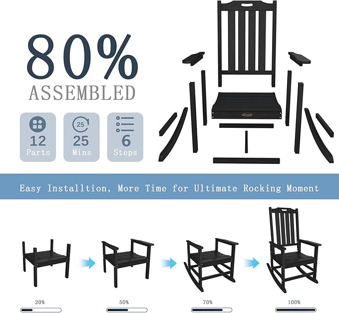 Oversized Rocking Chair, Outdoor Rocking Chair for Adults, All Weather Resistant Porch Rocker for Lawn Garden, Black