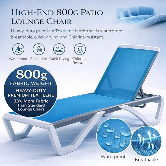 Kozyard Outdoor Chaise Lounge Chair, Full Flat Adjustable Patio Lounger with Aluminum Frame & Resin Legs, Textilene Fabric for Poolside, Backyard & Beach (Aqua/WhiteFrame, Chair + Table)