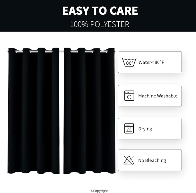Water Proof Outside Curtains with Grommet Top for Porch, W52 x L132 Thermal Insulated Washable Light Block Outdoor Divider Drapes for Patio Gazebo Deck Pool Area Pergola Cabana (Black)
