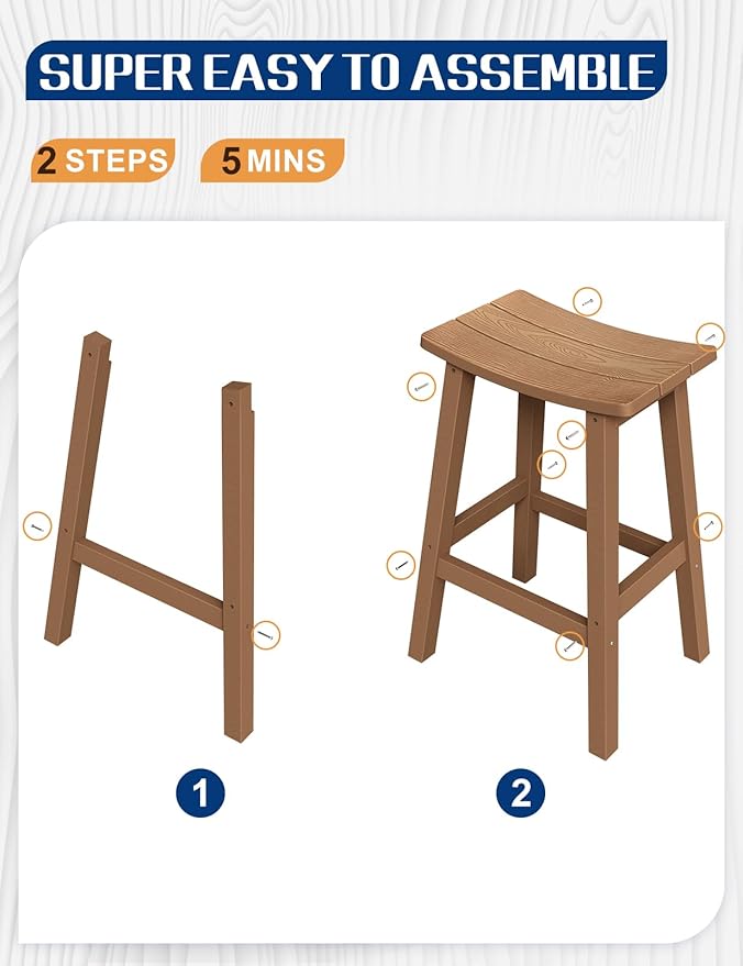 Weatherproof Bar Stools Set of 4, 28" Height Outdoor Bar Stools Holds up to 400 lbs, Saddle Seat, Bar Height Stools for Patio, Garden, and Kitchen Island, Teak