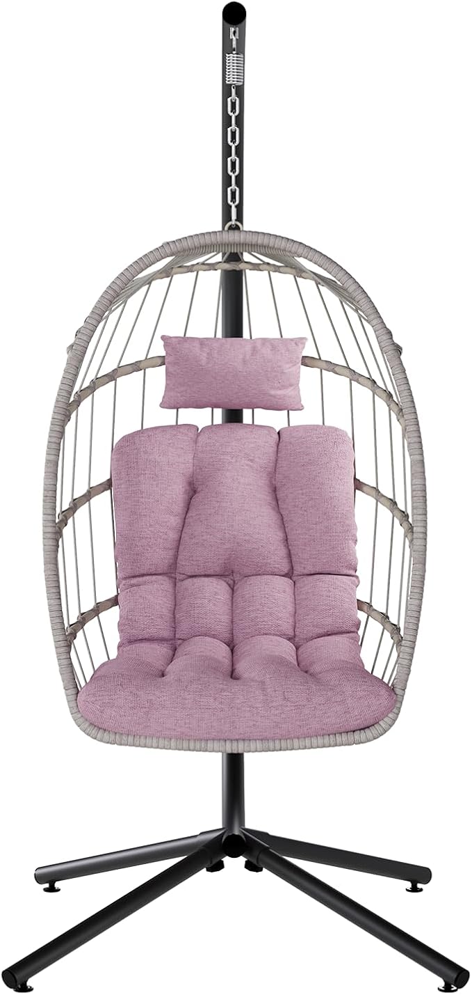 SWITTE Egg Chair Outdoor with Stand, Indoor Wicker Hanging Egg Swing Chair with Cushion, 350lbs Capacity for Patio, Bedroom, Garden - Pink