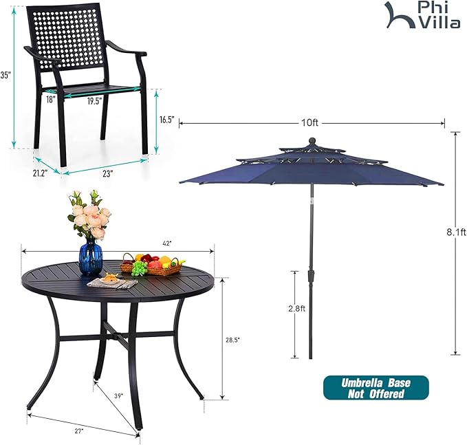 PHI VILLA 5 Pieces Outdoor Dining Set for 4 with Umbrella, 42" Large Round Metal Steel Table & Stackable Iron Chairs with Cushions & 10ft Blue Umbrella, Modern Furniture for Patio, Deck, Yard, Porch