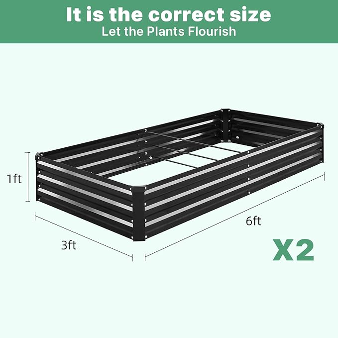 2 Pack 6×3×1ft Galvanized Metal Raised Garden Bed, Metal Planter Kit Box Outdoor for Deep-Rooted Vegetables, Flowers, Green and Herbs