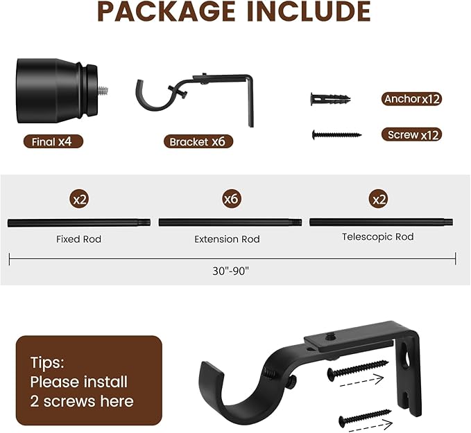 1” Diameter Matte Black Curtain Rod Itself is 30-90 Inch 2 Pack, Fit 30 to 84 Inch Windows with Heavy Duty Adjustable Telescopic Rod，Splicing Metal Extra Long Curtain Rods for Windows