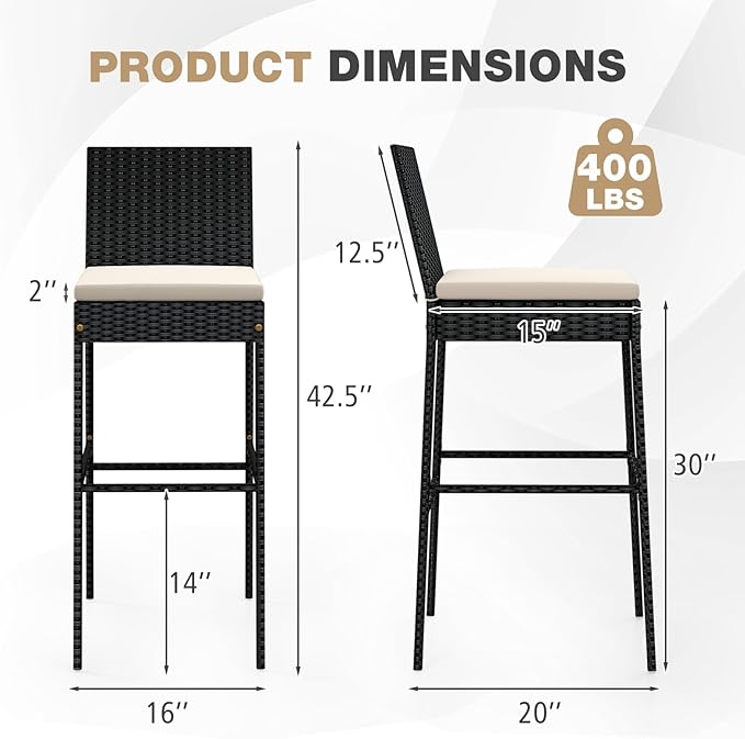 HAPPYGRILL Wicker Patio Barstools Set of 4, Outdoor Rattan Bar Chairs with Footrest & Backrest, Armless High Top Chairs with Seat Cushions for Backyard, Balcony