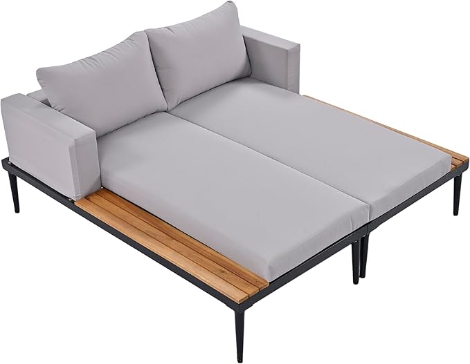 Outdoor Double Metal Daybed, with Wood Topped Side for Drinks, 2 in 1 Padded Sun Lounger with Cushions & Pillows, Patio Chaise Lounge Chair for Poolside Lawn Garden, Gray