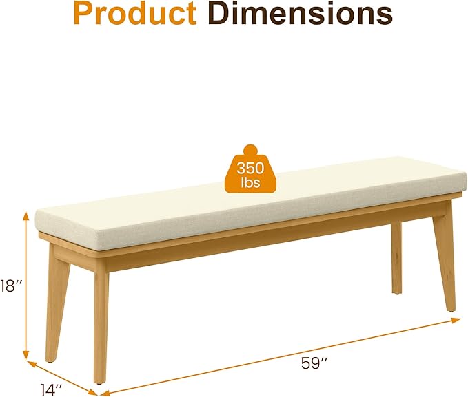 Wisteria Lane Acacia Outdoor Bench with Removable and Washable Cushion, 59" L×15.82" W Porch Bench, All-Weather Solid Wood Outside Chair for Proch Garden, Lawn