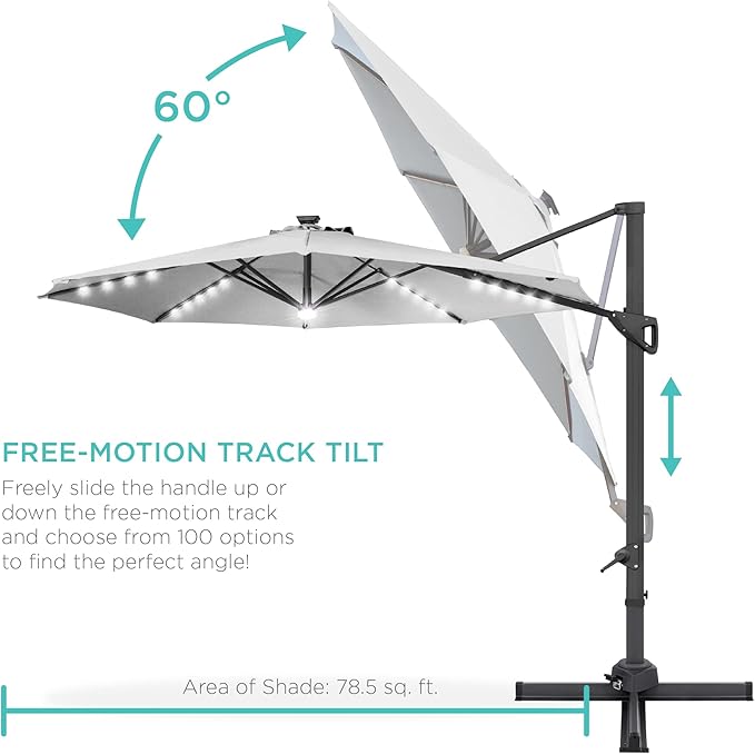 Best Choice Products 10ft Solar LED Cantilever Patio Umbrella, 360-Degree Rotation Hanging Offset Market Outdoor Sun Shade for Backyard, Deck, Poolside w/Lights, Easy Tilt, Cross Base