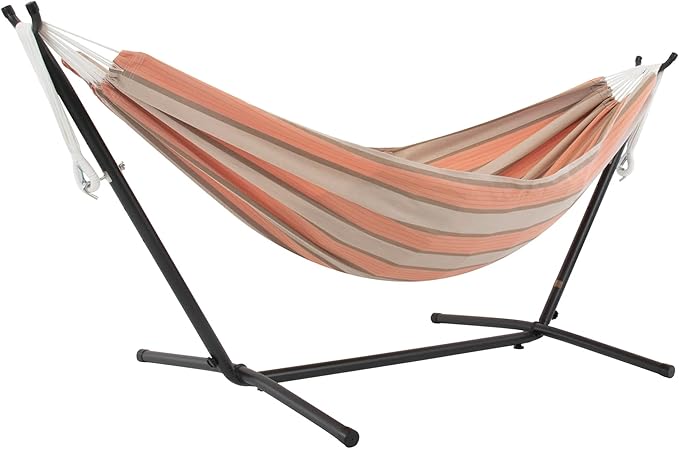 Vivere Double Sunbrella Hammock with Space-Saving Steel Stand, Heavy-Duty Portable Outdoor Hammock Set for Backyard, Patio, or Travel, Cameo
