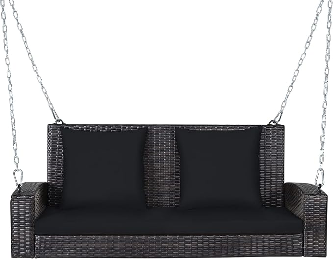 RELAX4LIFE Porch Swing 2-Seat Patio Rattan, Wicker Porch Swings Outdoor W/Two 7.9 Ft Solid Steel Chain, Comfortable Back & Seat Cushions, for Front Porch, Garden, Backyard Patio Swing (Black)