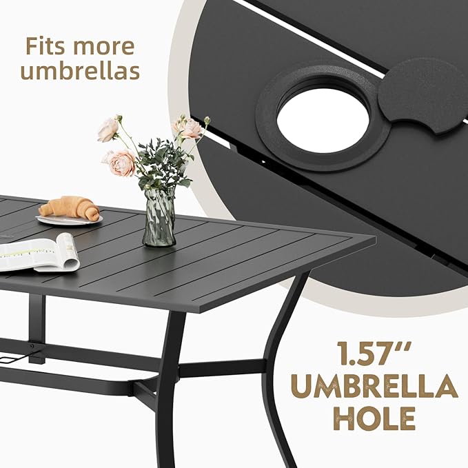 MELLCOM 7 Pieces Outdoor Dining Set, 6 Swivel Rocker Chairs with High Back Textilene & Rectangular Metal Dining Table with Umbrella Hole, Patio Furniture Set for Porch, Garden, Backyard, Blue
