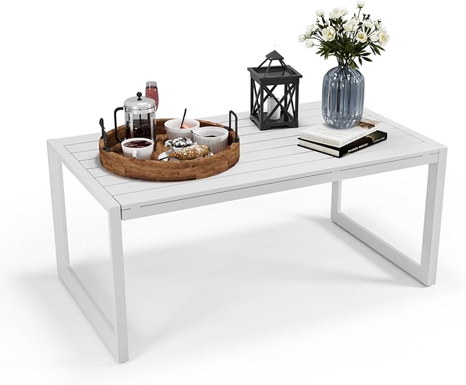 Outdoor Coffee Table for Patio, Aluminum All-Weather Modern Metal Coffee Table, Rectangle, White