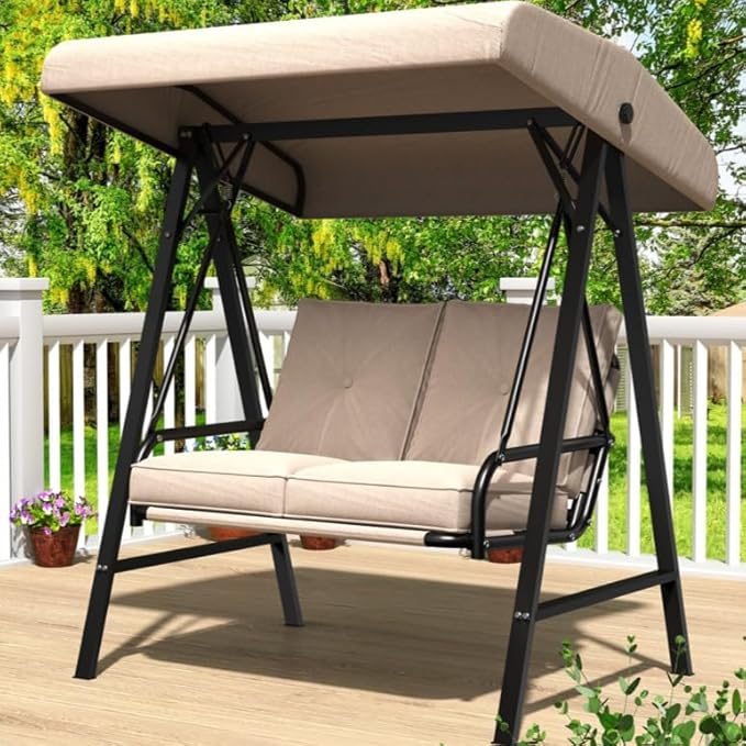 AECOJOY 2-Seat Outdoor Patio Swing Chair with Adjustable Canopy, Porch Swings Chairs for Adult, Outside Swing Bench with Removable Cushion, Suitable for Backyard, Garden, Yard, Poolside, Balcon,Beige