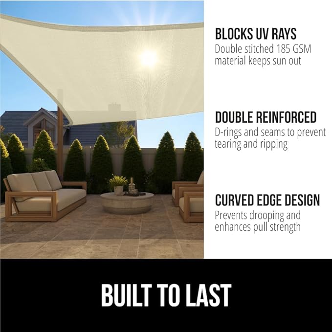 GORILLA GRIP Heavy Duty Sun Shade, UV Protection Fade Tear and Rust Resistant Rectangle Sunshade Canopy, Curved Edges Blocks Sunlight, Breathable Sail, Outdoor Patio, Lawn Garden, 8x12 FT Butter Cream