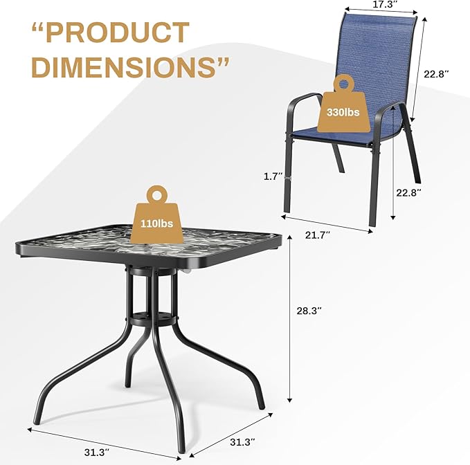 Arlopu 5 Piece Outdoor Patio Dining Set (Umbrella not Included), Porch Furniture with 4 Textline Chairs, 1 Square Glass Table for Garden, Backyard and Poolside, Lawn (Navy Blue)