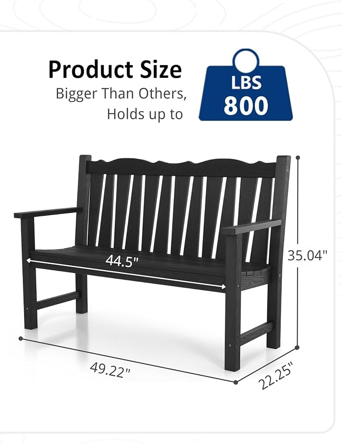 Outdoor Bench Set of 2, Weatherproof Garden Benches for Outdoors, All Weather HIPS Patio Bench Holds up to 800lbs, Never Rot or Fade, Comfort Bench for Porch Garden Patio Yard and Park(Black)