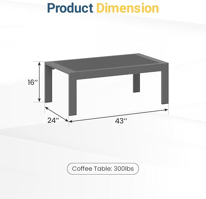 Wisteria Lane Outdoor Furniture Patio Coffee Table, Rectangle Outdoor Coffee Table, All-Weather Patio Metal Coffee Table for Balcony, Garden, Deck, Backyard, Grey