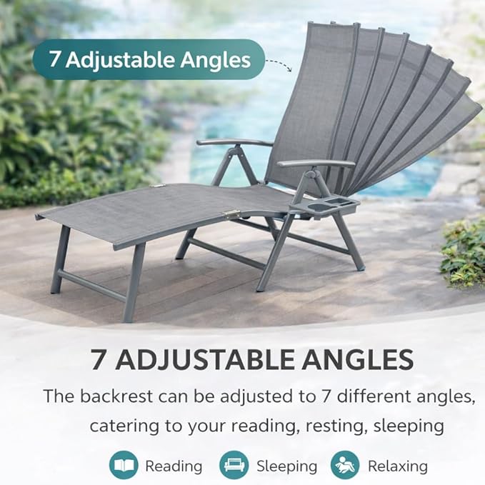 Kozyard Aluminum Outdoor Chaise Lounge Chair, Adjustable Reclining Patio Lounge with Drink Holder, Weather-Resistant Pool, Deck & Yard Recliner,Assemble-Free (Gray, 2Chairs)