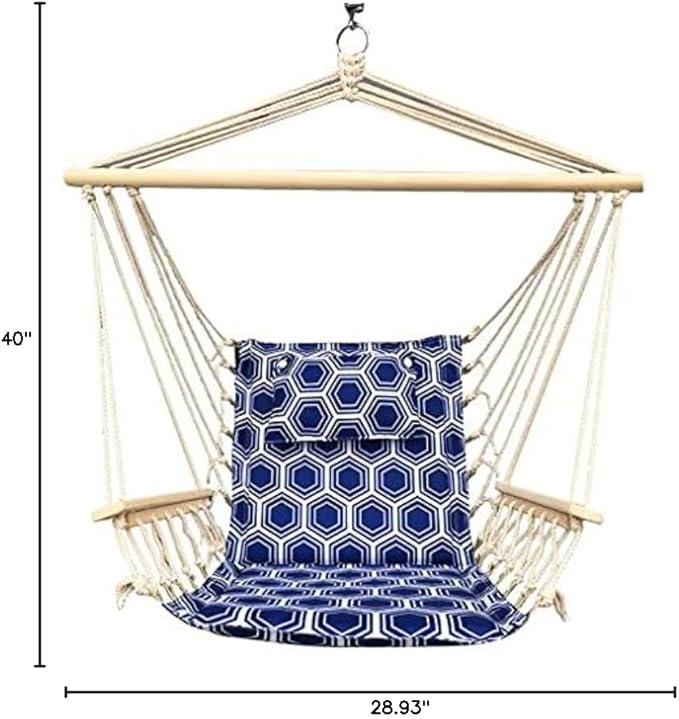 Hammock Chair Hanging Rope Swing, *12 Patterns, Quality Comfortable and Breathable Fabric - Indoor/Outdoor - Navy w/White Rings