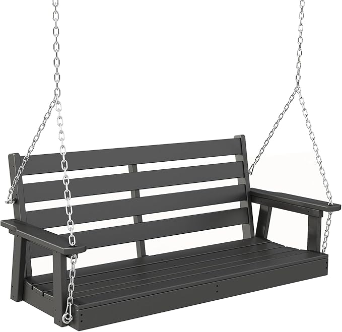 IVY&LANE Outdoor Porch Swing | HDPE Plastic | 2-Person | Hanging Bench Swings | Weatherproof | 4 Stainless Steel Chains | Black | for Outside Patio Garden Backyard Tree