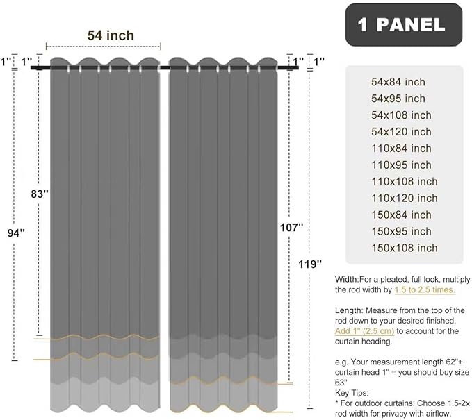 BONZER Waterproof Indoor/Outdoor Curtains for Patio Thick Privacy Grommet Curtains for Bedroom, Living Room, Porch, Pergola, Cabana, 1 Panel, 84W x 108L inch, Charcoal