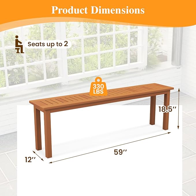 Tangkula Outdoor Wood Bench, 59” Long Patio Dining Bench, Backless Wooden Bench with Teak Oil Finish & Slat Seat, Accent Entryway Bench, Farmhouse Bench for Yard, Garden, Porch, Indoors