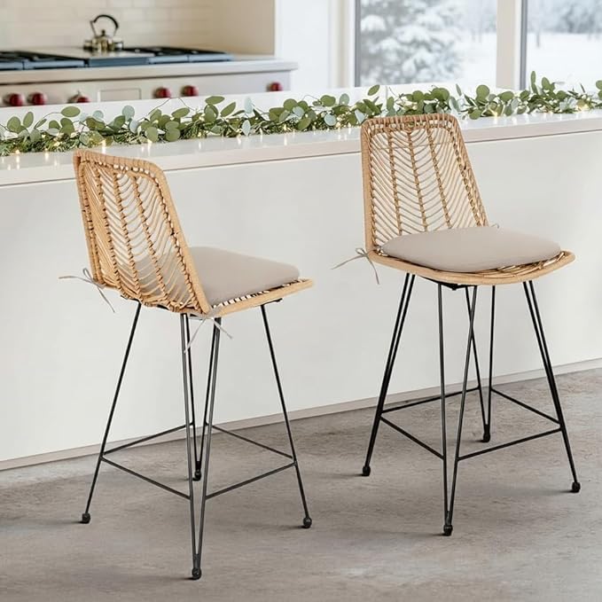 IDZO 400lbs Capacity Rattan Outdoor Counter Stools, 24" Tall, Set of 2, Comfort Cushion, Solid Steel Frame, Easy Assembly, Use for Outdoor & Indoor, Ideal for Patio & Kitchen Island