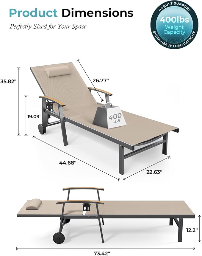 Ciokea Outdoor Lounge Chair with Pillow Set of 2, 5-Position Aluminum Chaise Lounge with Wheels & Armrests, 400 lbs Heavy Duty Patio Pool Chair for Backyard, Deck, Beach & Poolside, Khaki
