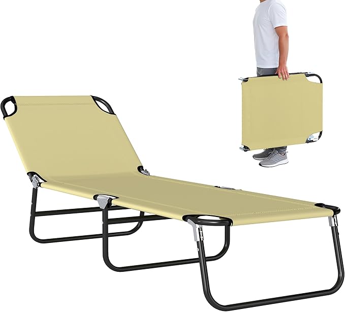 Outsunny Folding Chaise Lounge Pool Chairs, Outdoor Sun Tanning Chairs with 5-Level Reclining Back, Steel Frame for Beach, Yard, Patio, Beige