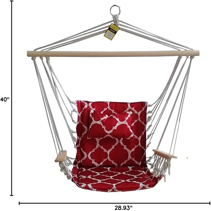 Hammock Chair Hanging Rope Swing, *12 Patterns, Quality Comfortable and Breathable Fabric - Indoor/Outdoor - Red Geometric Pattern
