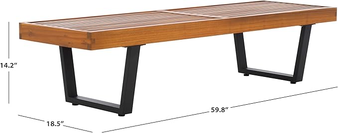 SAFAVIEH Outdoor Patio Furniture Heather Natural Brown Solid Wood & Black Legs 60-inch Steel Bench