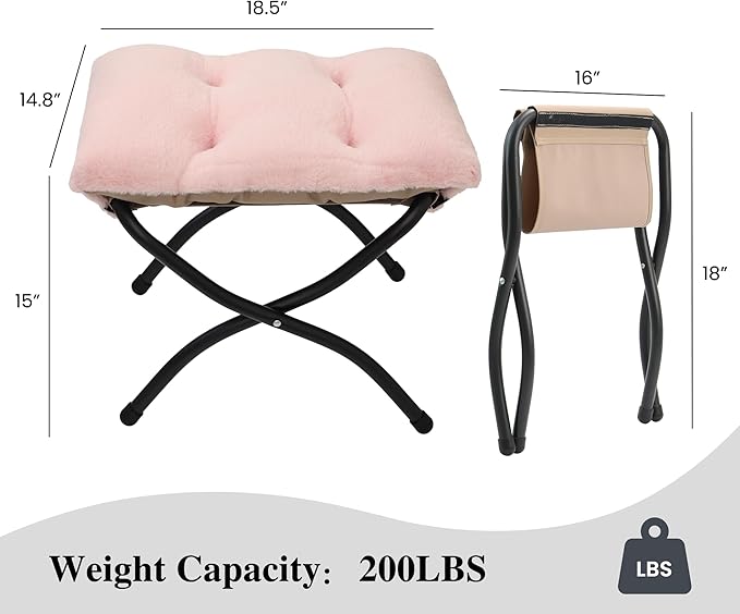 15"(H) Folding Ottoman, Foldable Footrest Stool, Portable Small Foot Stool for Couch, Collapsible Foot Rest Ottoman for Sofa, Accent Padded Ottomans for Living Room, Bedroom, Pink