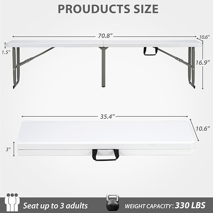 6ft Plastic Folding Bench with Carrying Handle & Lock, Portable Outdoor Bench in Garden Picnic Camping Dining Party Seat, Waterproof Bench for Soccer Activities, Firm and Durable (2Pack C)