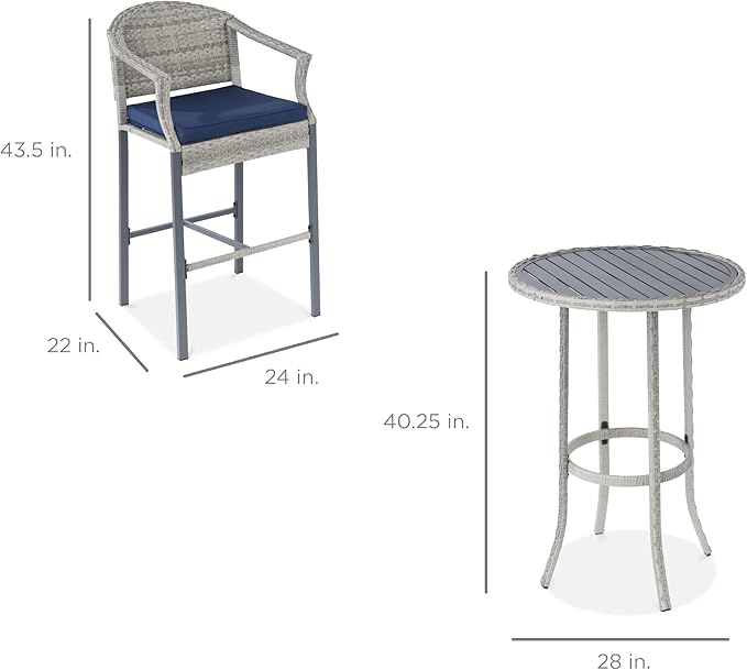 Best Choice Products 3-Piece Patio Bar Table Set, Outdoor Wicker Bar Height Bistro Furniture for Backyard, Poolside, Balcony w/Barstools, Cushions, Steel Frame – Gray/Blue