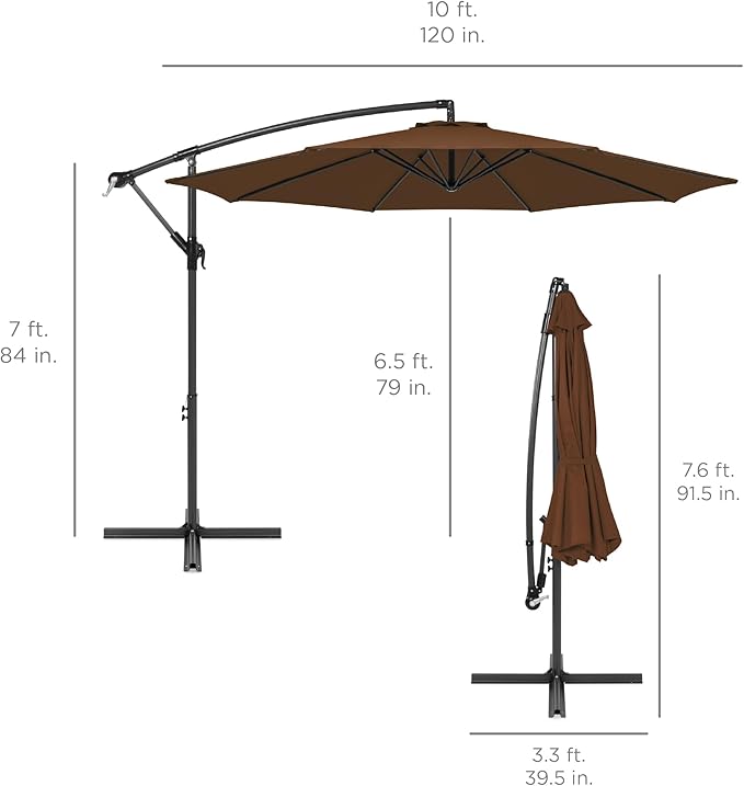 Best Choice Products 10ft Offset Cantilever Hanging Market Patio Umbrella, 8 Sturdy Ribs, Easy Adjustment - Brown