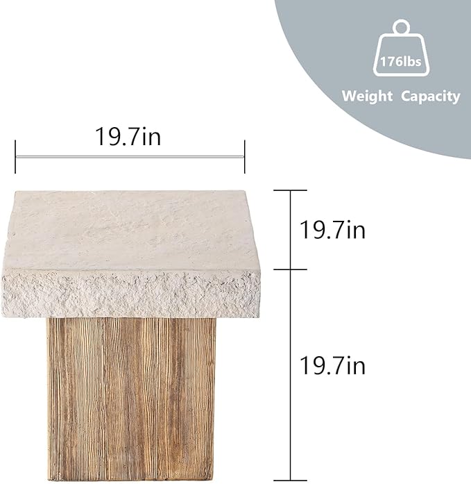 COSIEST Outdoor Medium Side Table, Patio Coffee Table, 19.7 inches Square MgO End Stool with Faux Wooden Pedestal Base,for Patio, Garden, Backyard, Antique Beige