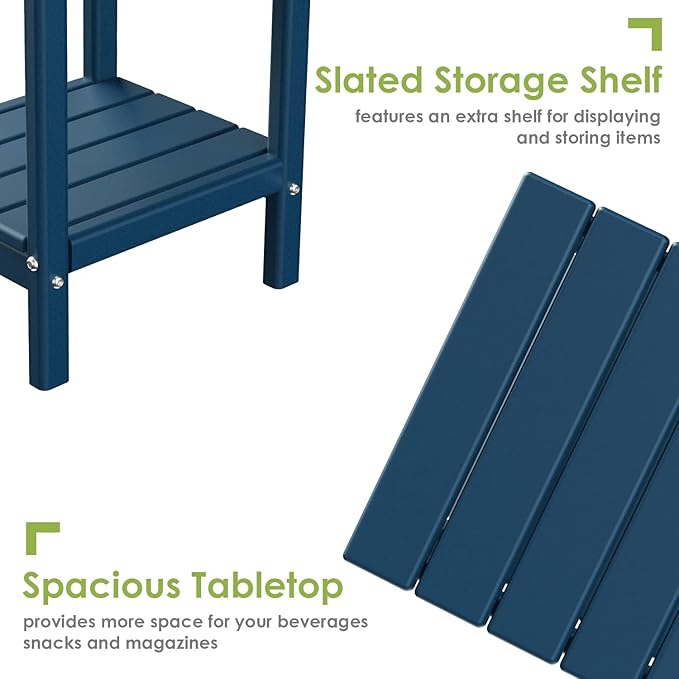 GREENVINES Adirondack-Outdoor-Side-Table | Set of 4 | 14 x 13 Inches | HDPE Plastic | All Weather | Blue | Outside End Tables | Storage Shelf | for Patio Porch Backyard Indoor