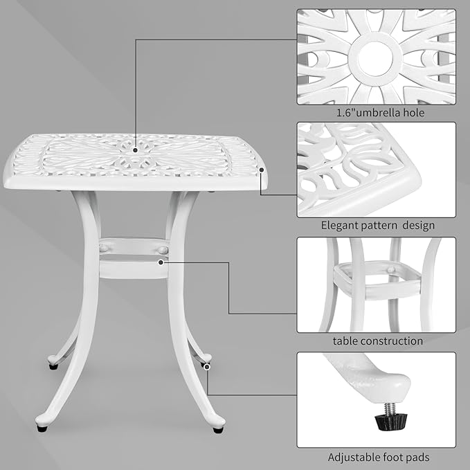 VINGLI 21” Cast Aluminum Outdoor Side Table with 1.6” Umbrella Hole, All Weather Square Patio Coffee Table Bistro Table End Table for Yard Porch Poolside(White)…
