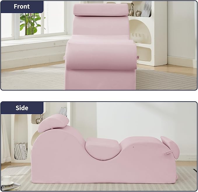 ijuicy Sleek Chaise Lounge Chair for Exercise, Indoor Lounger with Headrest, Waist Cushion, Movable Footrest, Side Pockets, Non-Slip Bottom, High Density Sponge, Pink