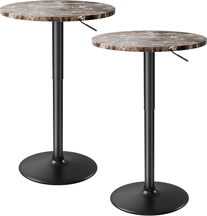 Flamaker Round Bistro Pub Table 23.6 Inch Height Adjustable 360° Swivel Bar Table Metal Base for Pub, Dining Room, Party (2, Marble-Black)