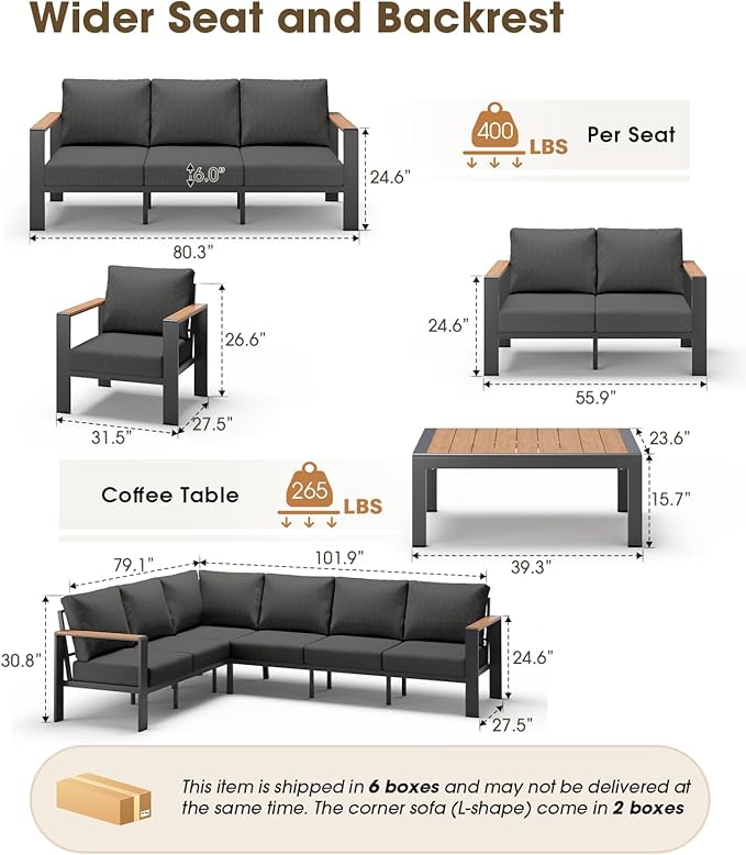 Aluminum Outdoor Patio Furniture Set 6 Seats, Outdoor Sectional Corner Sofa Set, Patio Conversation Sets with Washable Cushions & Coffee Table, Patio Furniture for Backyard, Porch, Graphite