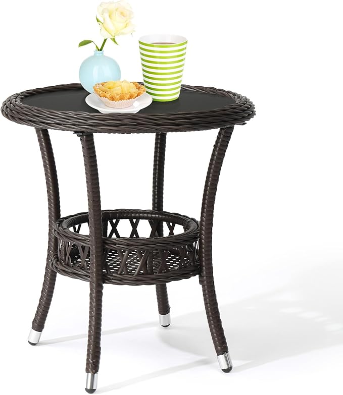 VINGLI Outdoor Wicker Side Table, Patio Side Tables for Outside Tempered Glass Top Wicker Table with Storage End Table for Balcony Porch Deck (Dark Brown)