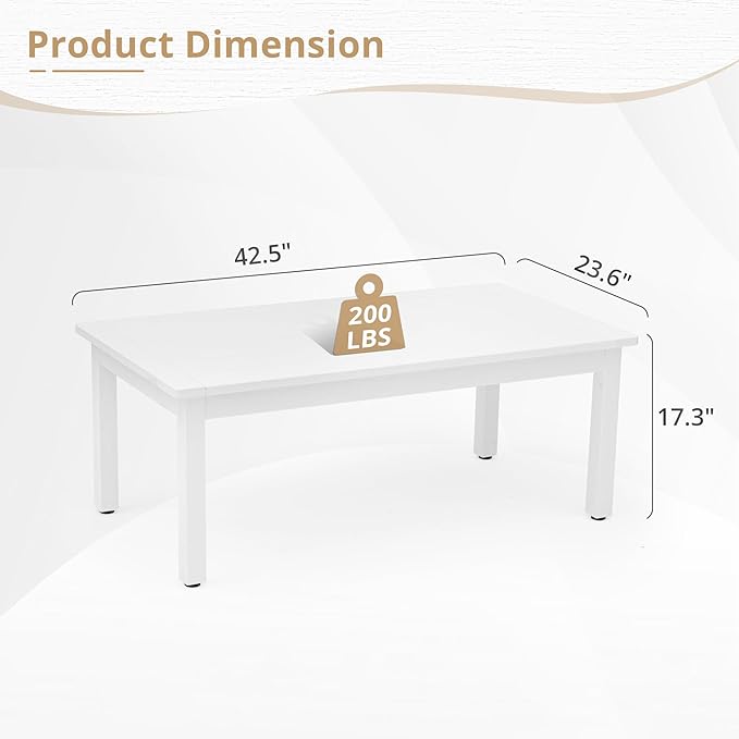 LUE BONA Outdoor Coffee Table Rectangle, 42.5" HDPS Patio Coffee Tables for Outside, All Weather Patio Coffee Table with Slatted Tabletop for Deck, Garden, Balcony, Indoor or Outdoor Use, White