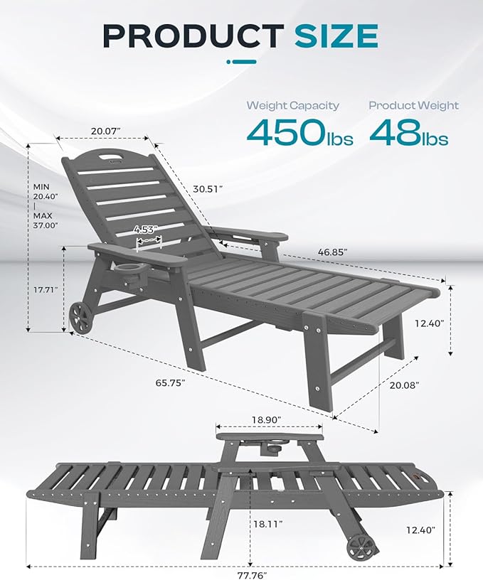 Ciokea Outdoor Chaise Lounge Chair Set of 2, Patio Lounge Chairs for Outside, HDPE Lounge Chairs with Wheels & Cup Holder, Poly Lounge Chair with 5 Position for Poolside, Deck, Dark Grey