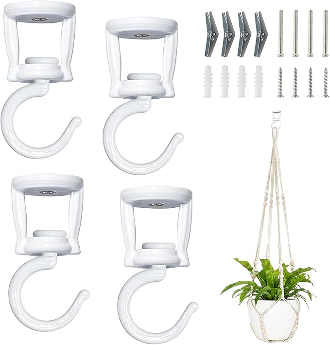 Mkono Ceiling Hooks for Hanging Plants, Heavy Duty Metal Plant Hanger for Drop Ceiling, Swag Hook for Hanging Planters, Lights, Birdfeeders, Indoor Outdoor Decorative Screw-in Hooks (White 4 Pack)