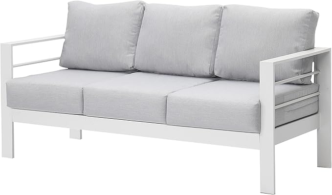 Wisteria Lane Patio Furniture Aluminum Sofa, All-Weather Outdoor 3 Seats Couch, White Metal Chair with Light Grey Cushions