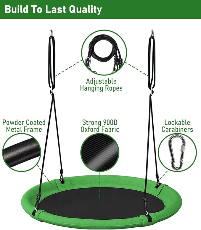 40 Inch Diameter Saucer Tree Swing Set for Kids & Adults, Adjustable Flying Swing Seat for Backyard or Outdoor Playground, Green & Black